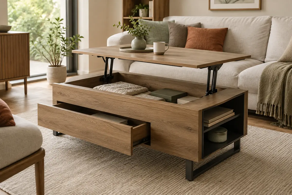 Tables basses relevables avec coffre, tiroir et niche de rangement intégrés