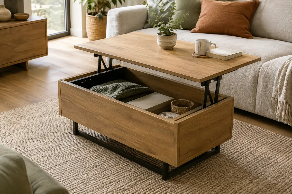 Table basse relevable avec coffre ouvert dans un salon aux tons doux