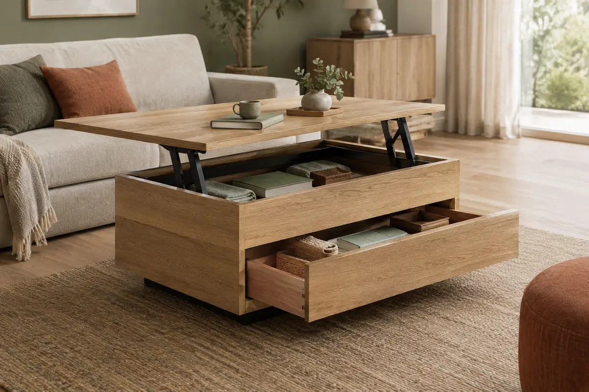 Table basse relevable avec tiroir entrouvert et plateau en position haute