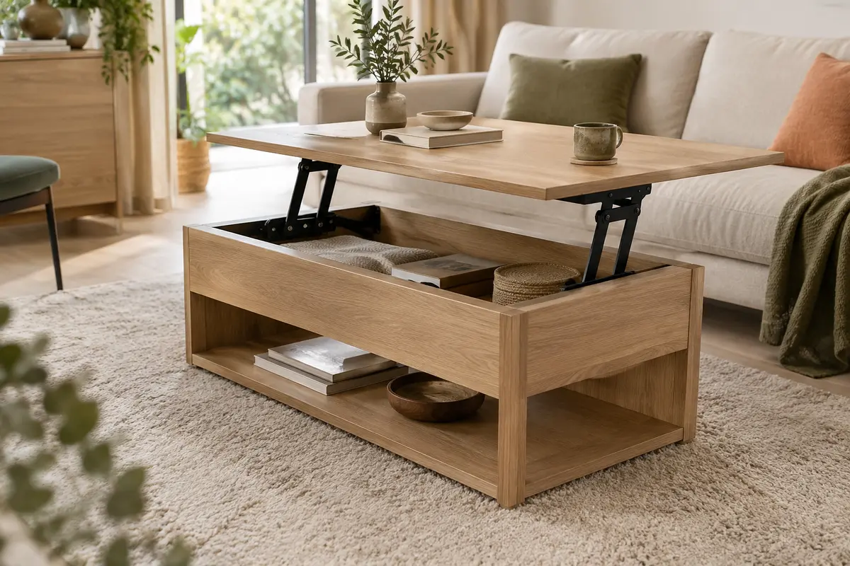 Table basse relevable rectangulaire en bois clair avec plateau entrouvert