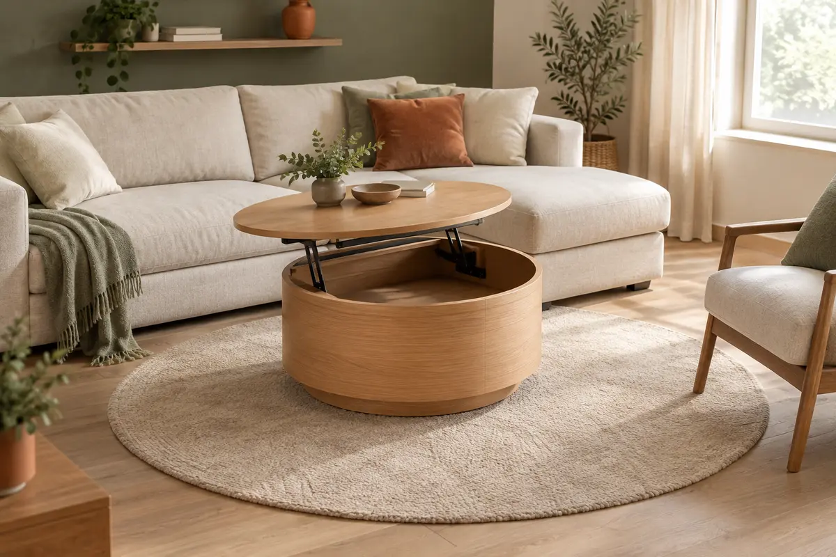 Table basse relevable ronde en bois clair au centre d’un salon compact, plateau légèrement relevé