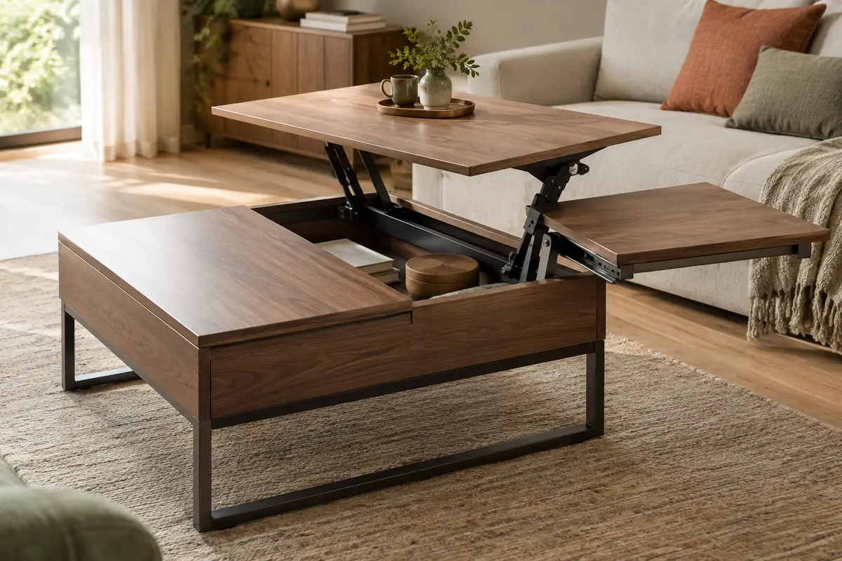 Détails de plateaux pivotants et coulissants sur des tables basses relevables