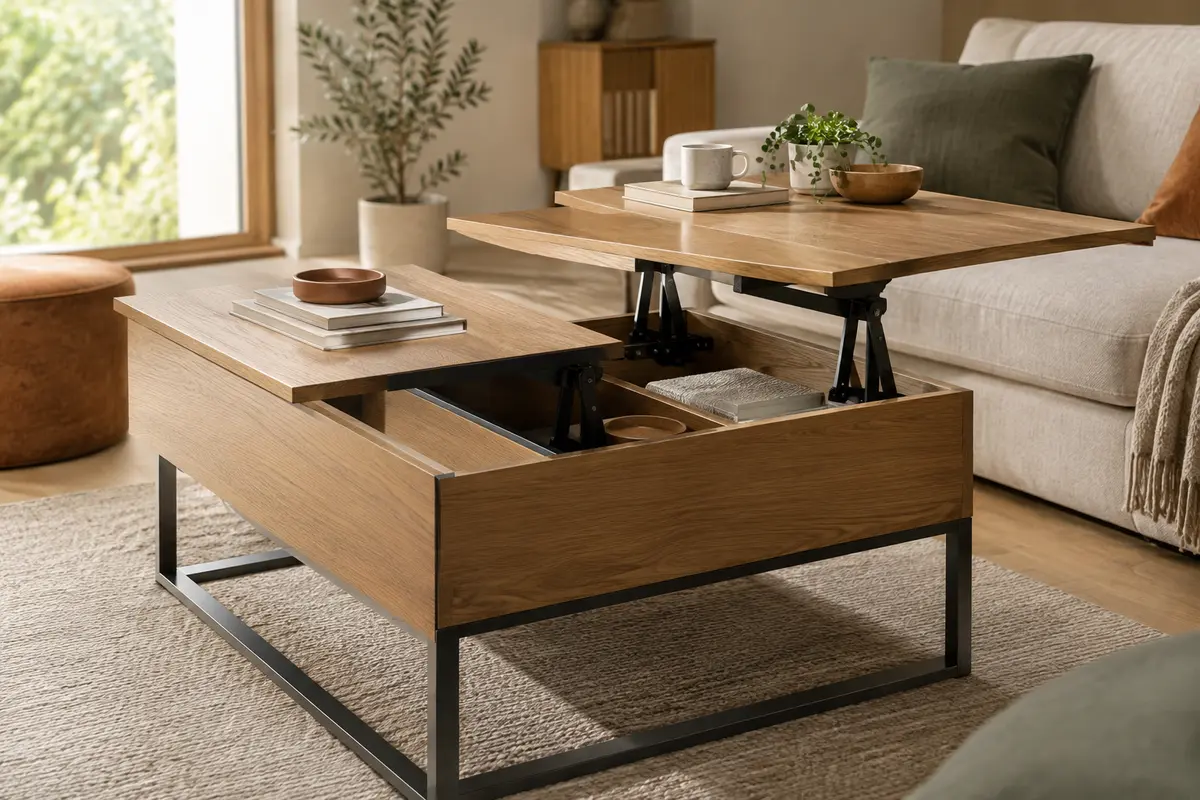 Table basse relevable à double plateau dans un salon contemporain