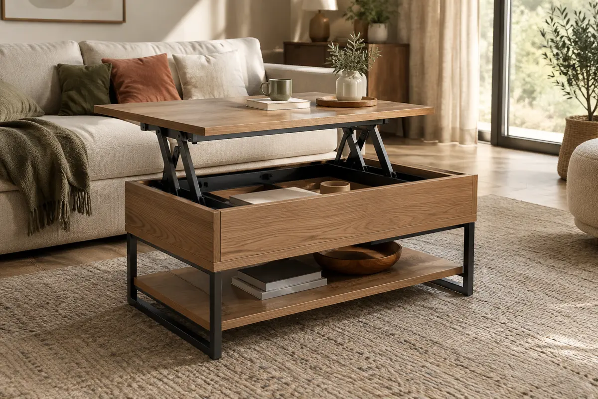Table basse relevable transformable avec plateau déployé dans un salon