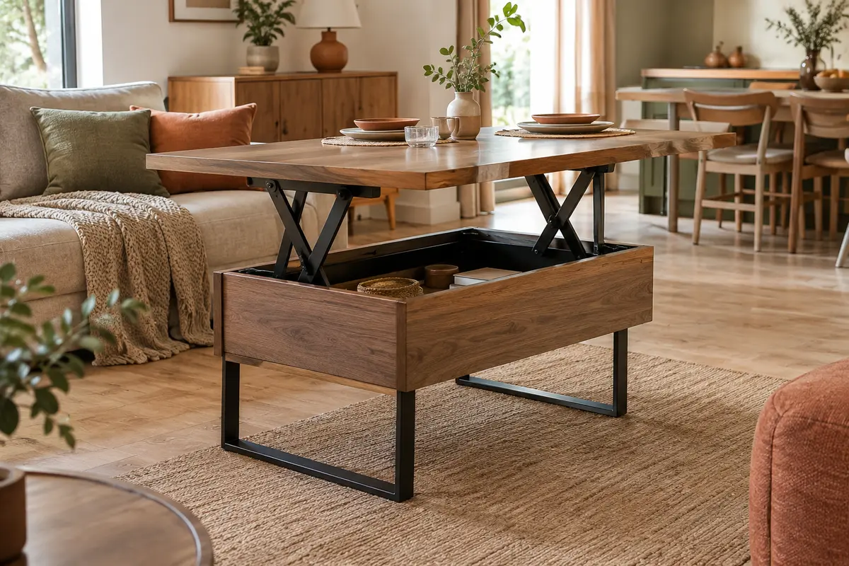 Table basse relevable convertie en table repas dans un séjour