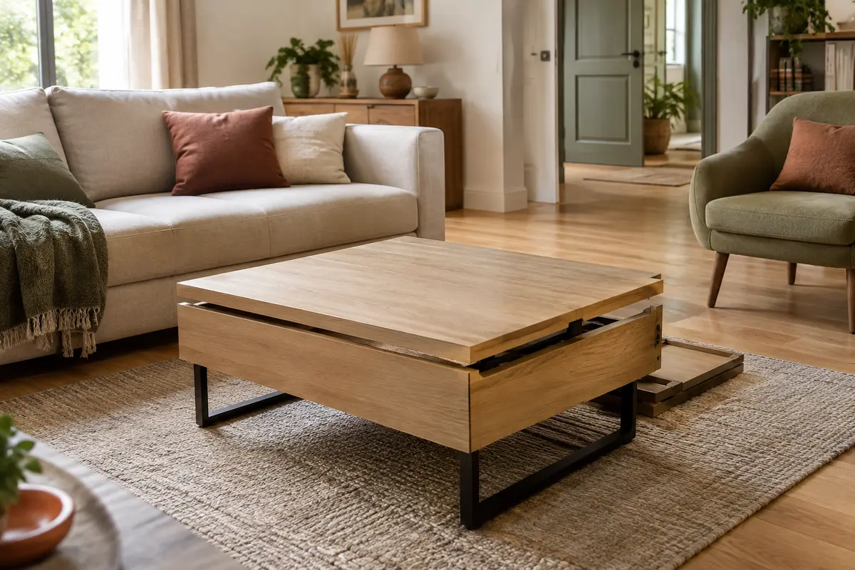 Table basse relevable extensible repliée dans un salon où le passage autour du canapé reste dégagé