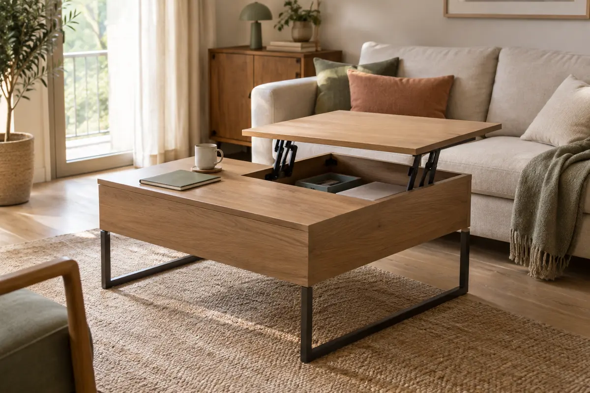 Table basse relevable à deux surfaces devant un canapé, dans un petit séjour organisé