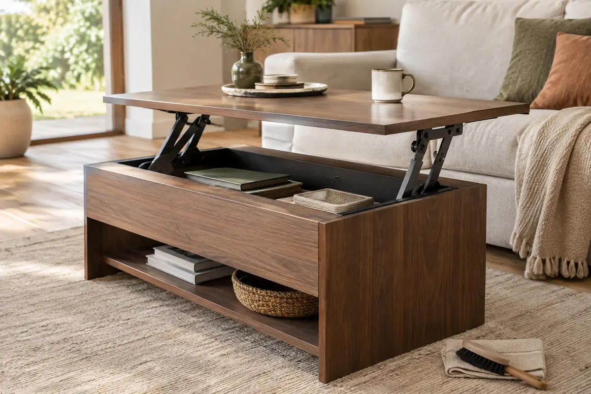 Table basse relevable ouverte montrant son mécanisme accessible et des outils doux pour le dépoussiérer