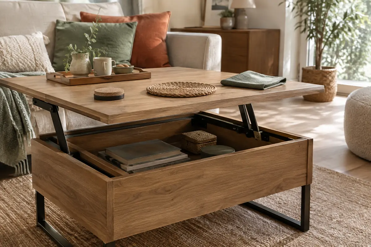 Table basse relevable en bois avec sous-verre, dessous de plat et chiffon doux pour protéger son plateau