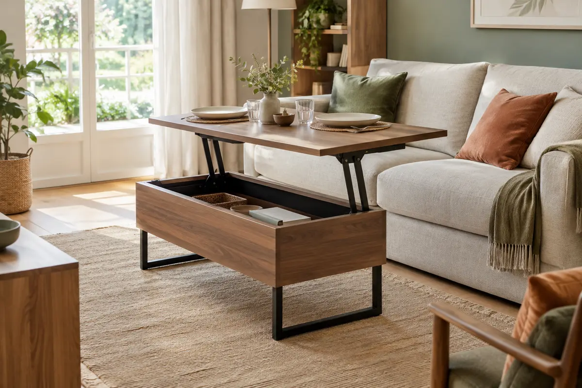 Table basse relevable en position haute devant un canapé, dressée pour un repas dans un salon lumineux.