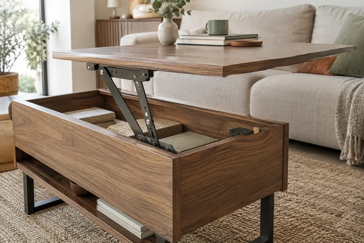 Table basse relevable entrouverte, avec ses bras articulés et son mécanisme métallique visibles sous le plateau.
