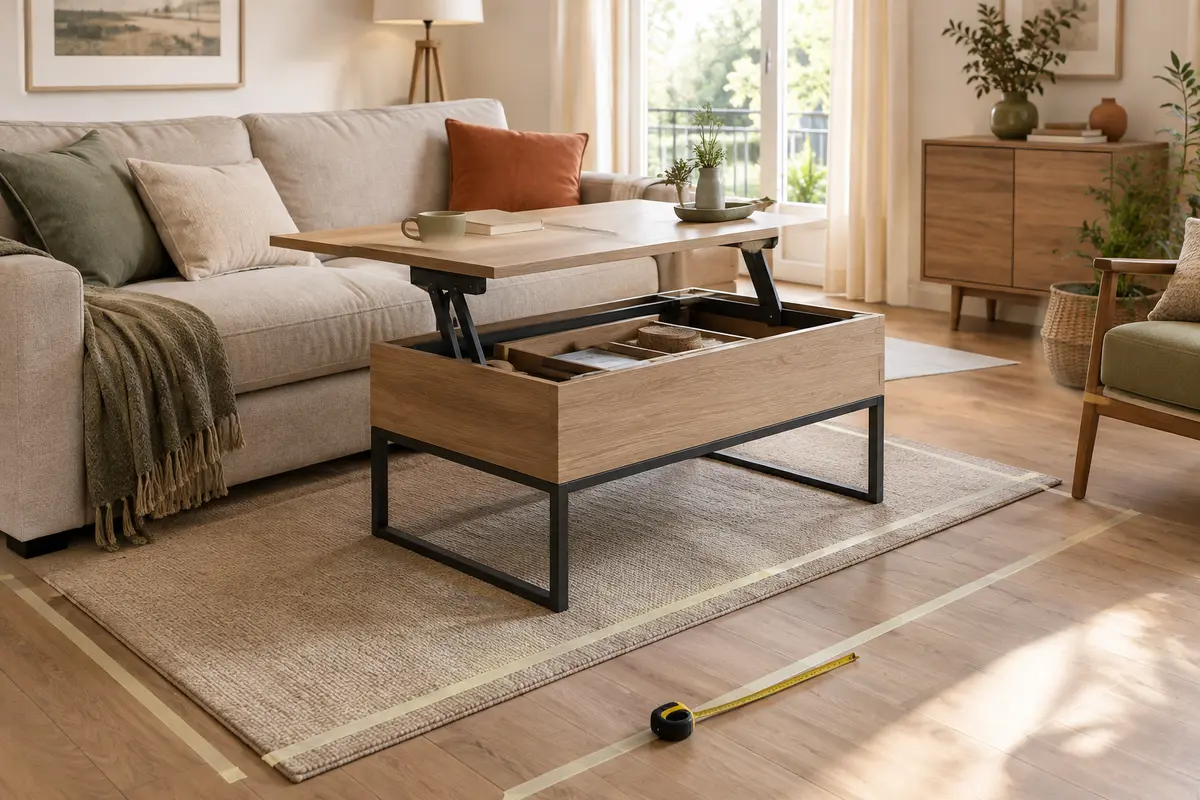 Table basse relevable ouverte devant un canapé, avec son emprise au sol matérialisée pour contrôler le passage.