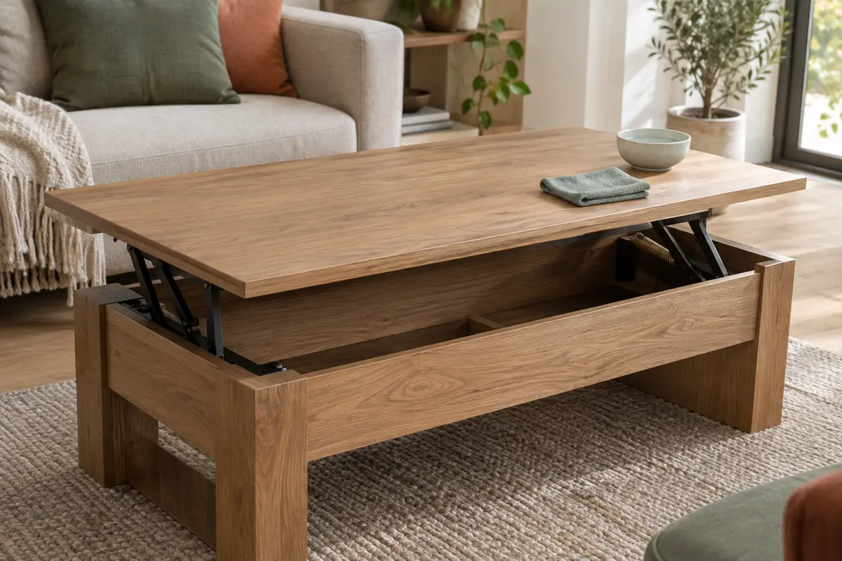 Table basse relevable en bois avec chiffon doux posé à distance de son mécanisme