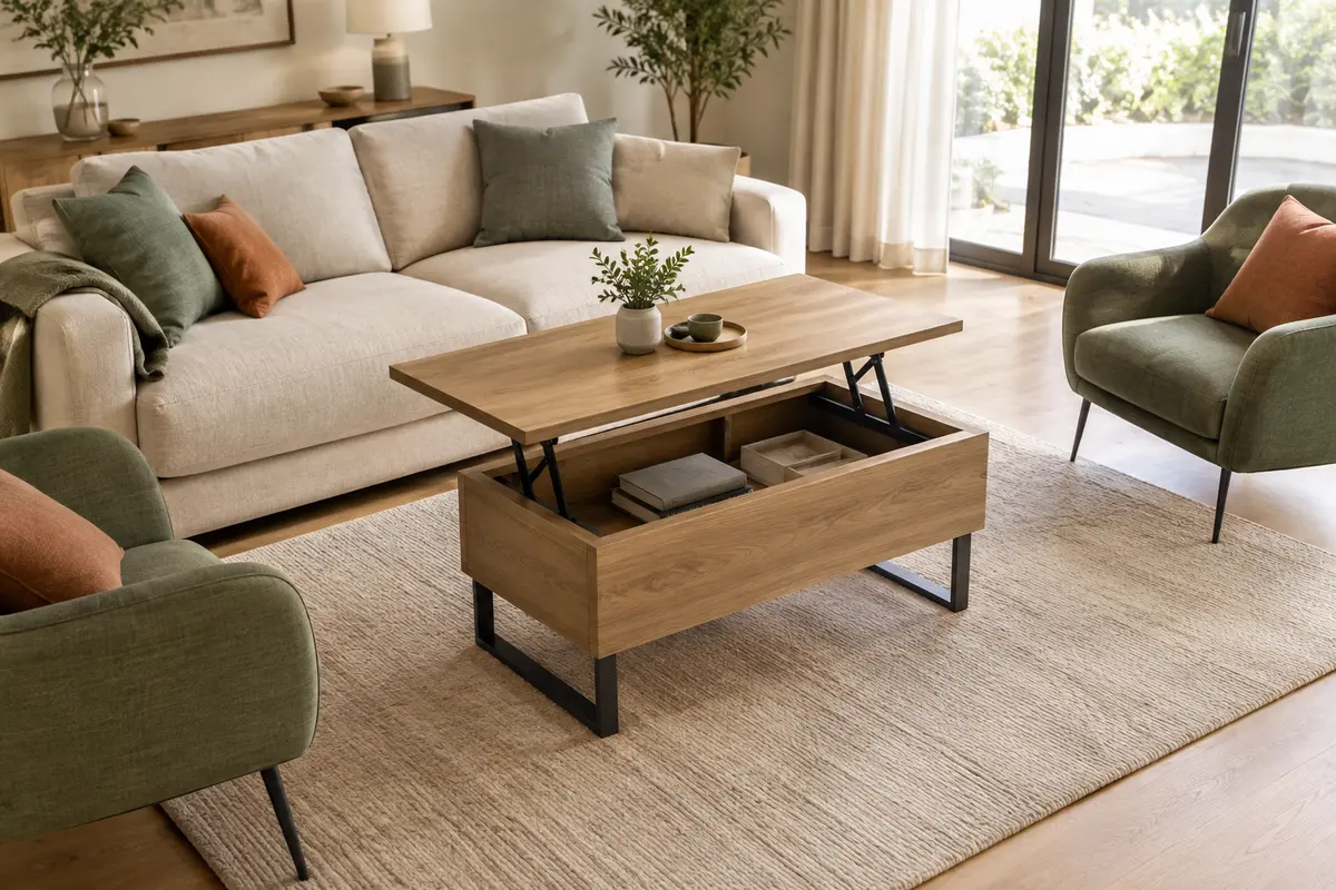 Table basse relevable rectangulaire disposée entre un canapé et deux fauteuils avec des passages dégagés