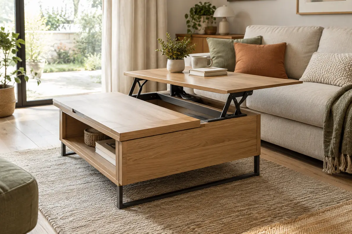Table basse relevable en bois clair avec un plateau coulissé vers le canapé dans un salon dégagé