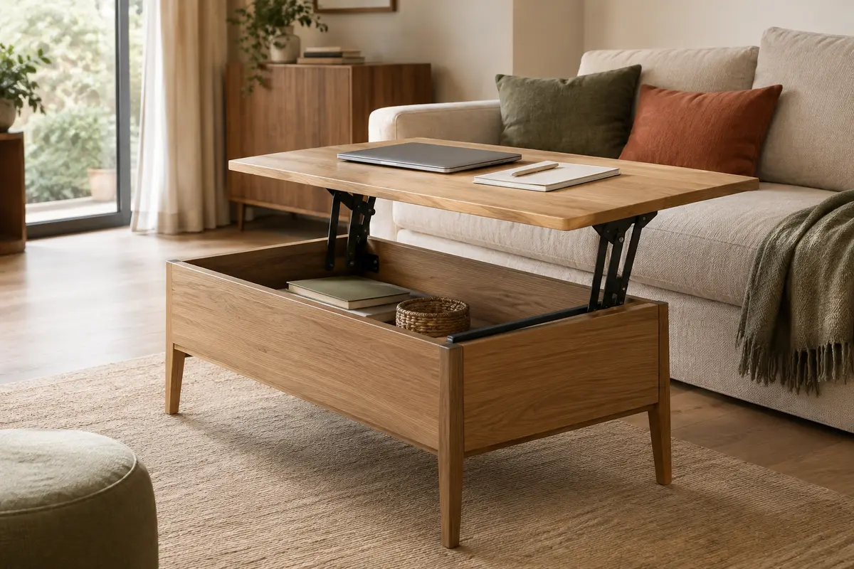 Table basse relevable en bois avec plateau pivoté vers le canapé et surface dégagée pour travailler