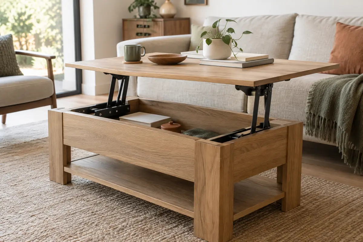 Table basse relevable en bois ouverte, avec des objets légers répartis sur le plateau et le mécanisme visible.