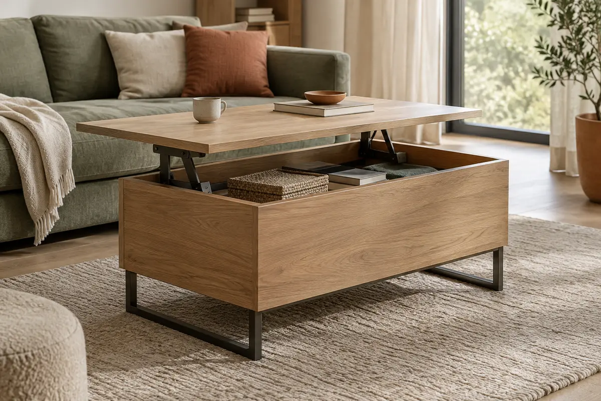 Table basse relevable entrouverte montrant son mécanisme articulé, son plateau et son espace de rangement.