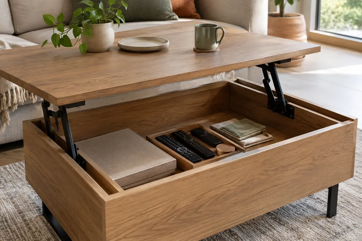 Coffre organisé sous le plateau relevé d’une table basse, avec accessoires rangés à distance du mécanisme.