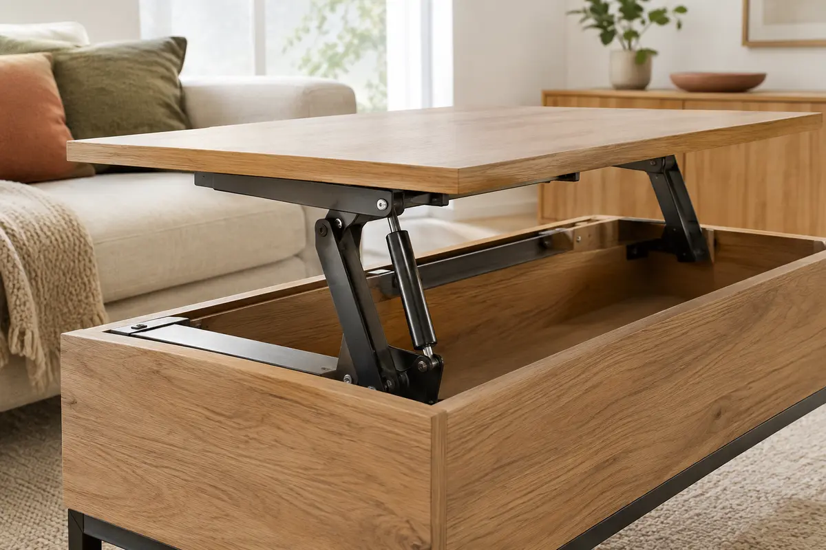 Table basse relevable entrouverte, montrant le vérin et les articulations sous le plateau.