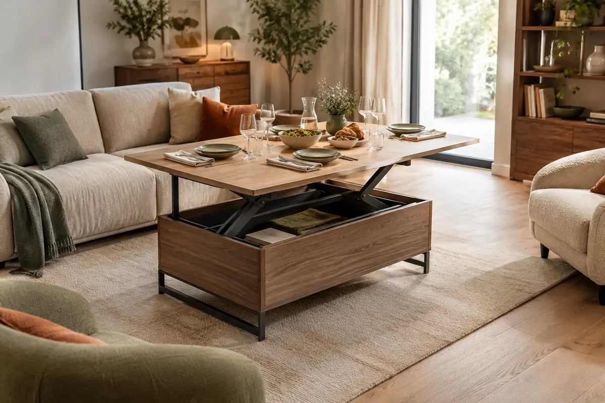 Table basse relevable ouverte et dressée pour un repas depuis le canapé, dans un salon dégagé.