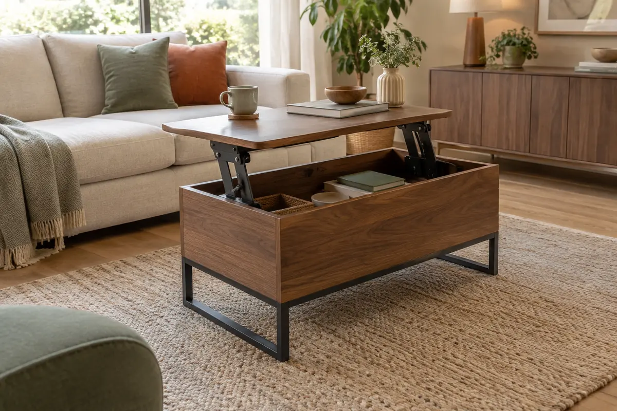 Table basse relevable ouverte dans un salon rangé, mécanisme visible et espace dégagé autour du plateau.