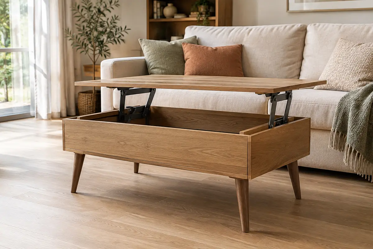 Table basse relevable ouverte dans un salon, avec pieds et mécanisme visibles pour un contrôle de stabilité
