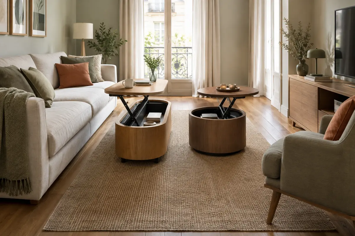 Comparaison d’une table basse relevable ovale et ronde devant un canapé dans un salon étroit