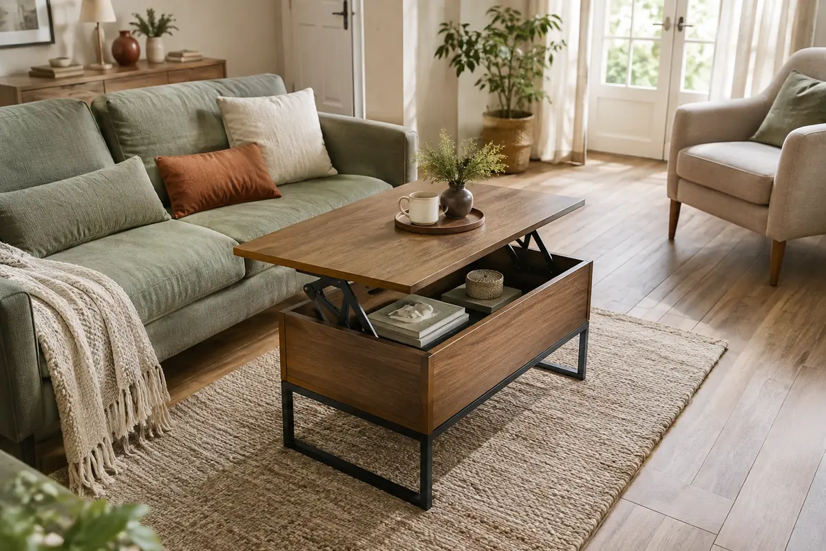 Petit salon avec table basse relevable devant un canapé et passage dégagé vers les autres meubles.