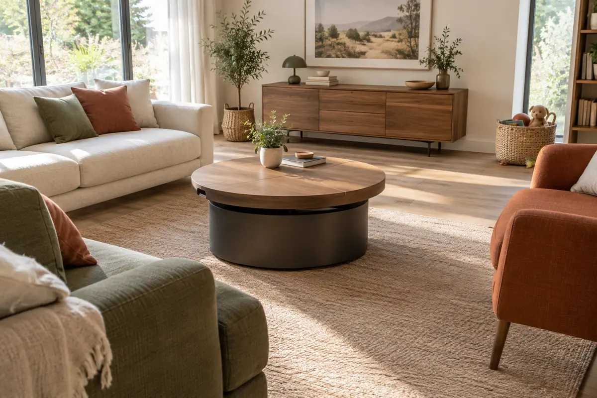 Table basse ronde relevable au centre d’un salon avec canapé et fauteuils disposés autour