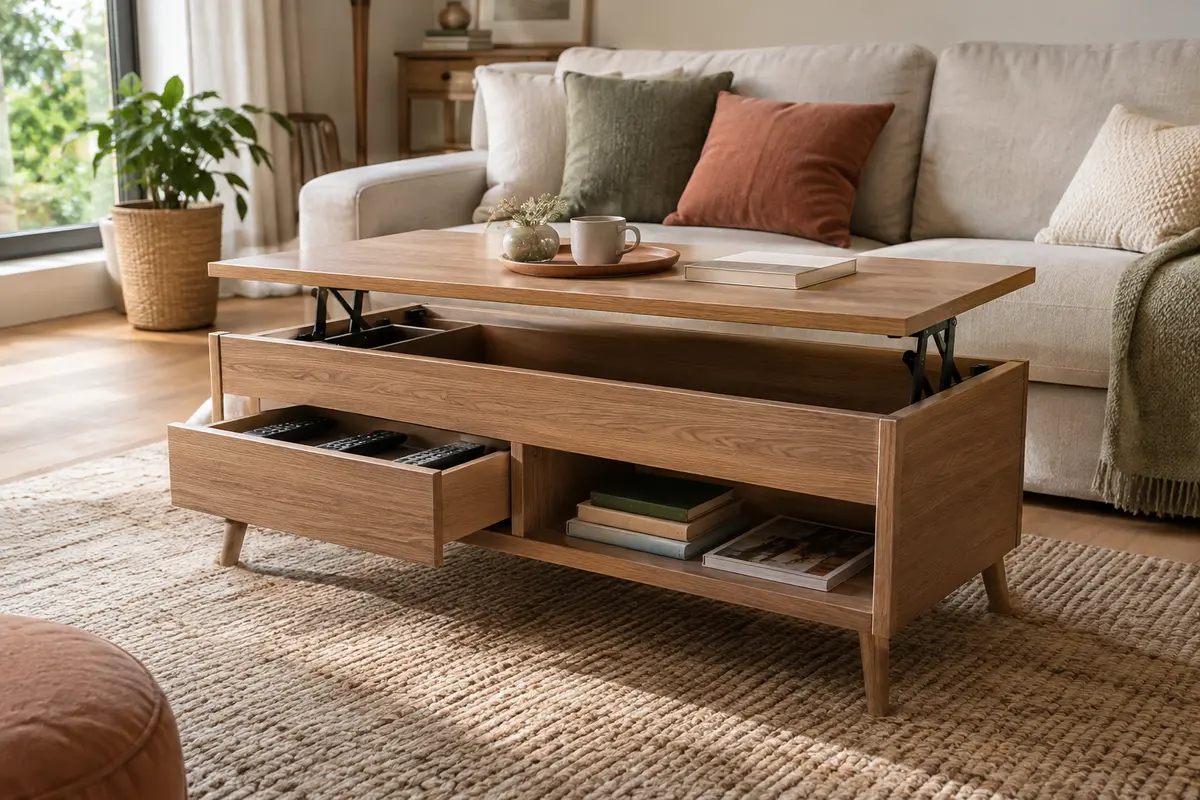 Table basse relevable avec un tiroir pour les télécommandes et une niche ouverte pour les livres