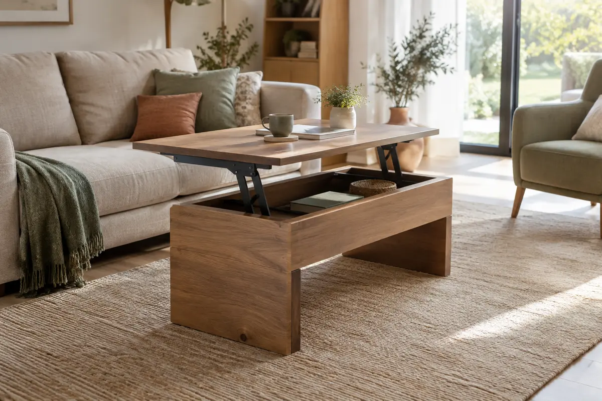 Table basse relevable devant un canapé, avec le plateau relevé et un passage dégagé autour du meuble.