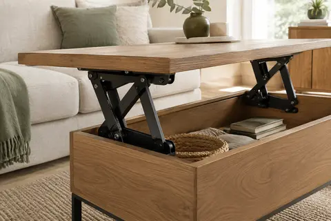 Deux supports noirs à ressort installés sous un plateau de table basse en chêne relevé.