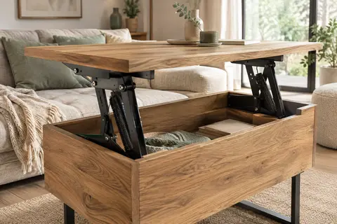 Paire de charnières de relevage en acier noir montée sous un plateau de table basse en chêne