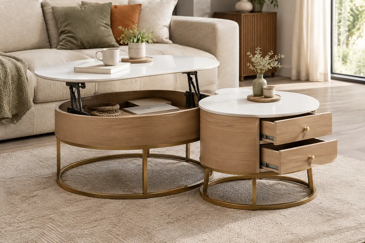 Deux tables basses rondes gigognes, avec plateau relevable et tiroirs, dans un salon lumineux.