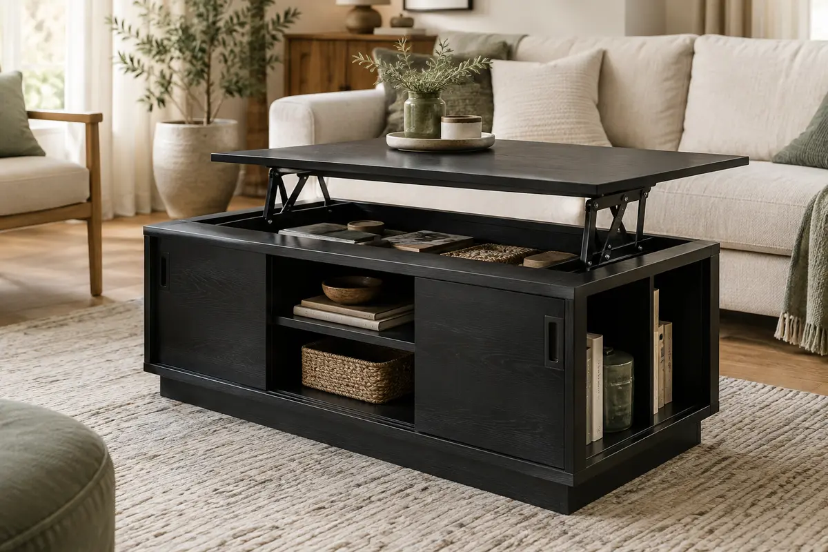 Table basse carrée noire à plateau relevable, avec étagères ouvertes et rangements à portes coulissantes.