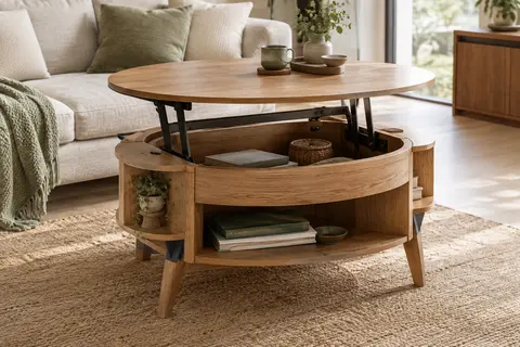 Table basse ronde teinte chêne avec plateau relevé, compartiment caché et rangements ouverts dans un salon lumineux.