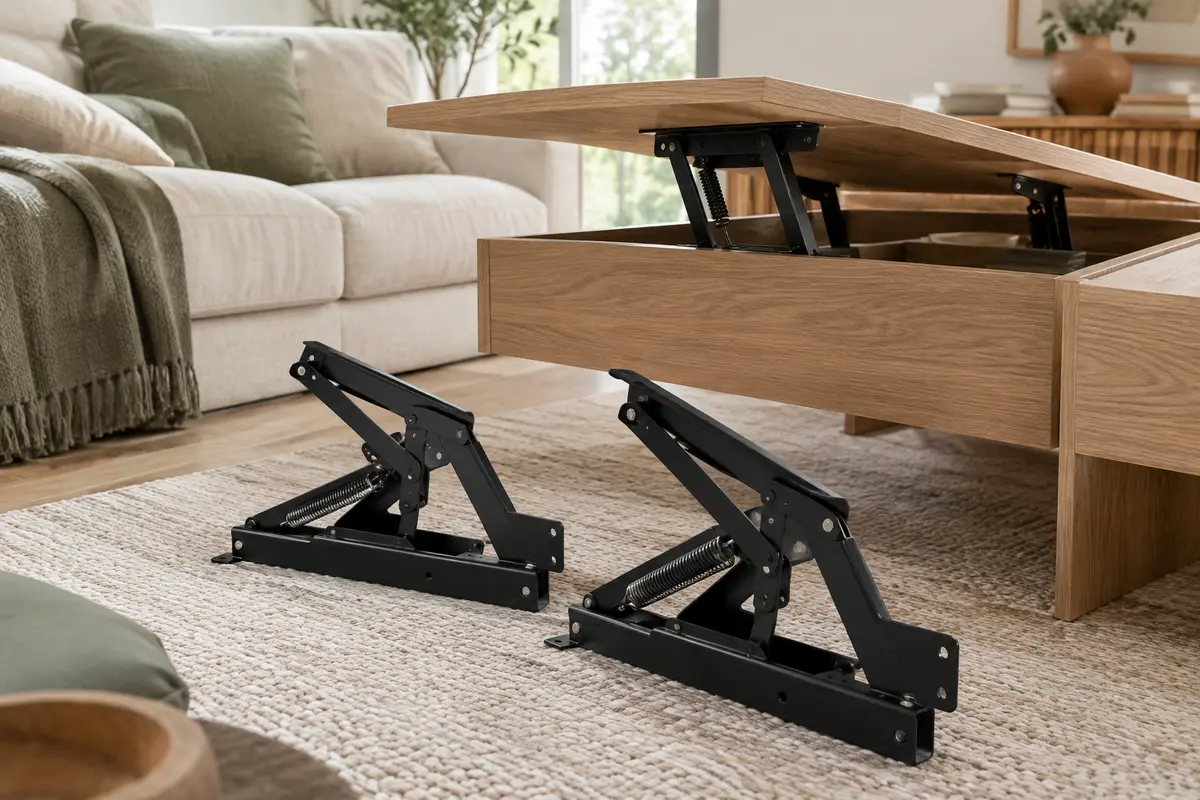 Deux mécanismes de relevage Emuca en acier noir satiné posés près d’une table basse en chêne