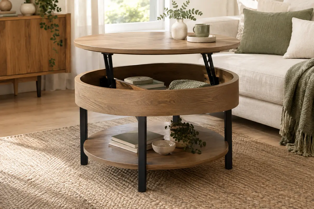 Table basse ronde effet chêne avec plateau relevé, compartiment intérieur et étagère basse dans un salon lumineux.