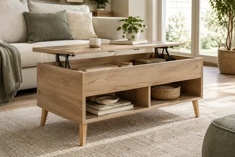 Table basse Goplus à plateau relevable, coffre caché et deux étagères ouvertes dans un salon lumineux