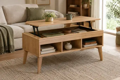 Table basse Goplus relevable en bois naturel, avec compartiment caché et trois niches ouvertes