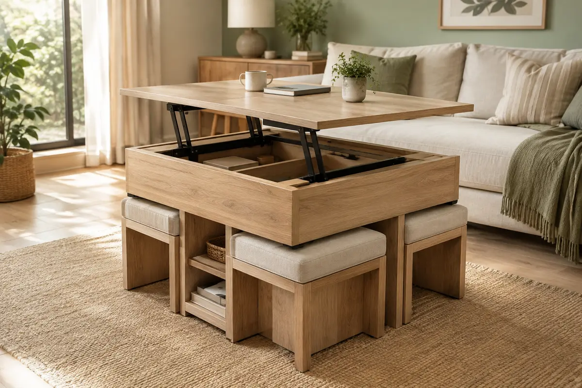 Table basse Homary en bois naturel avec plateau relevable, rangement intégré et chaises dissimulées