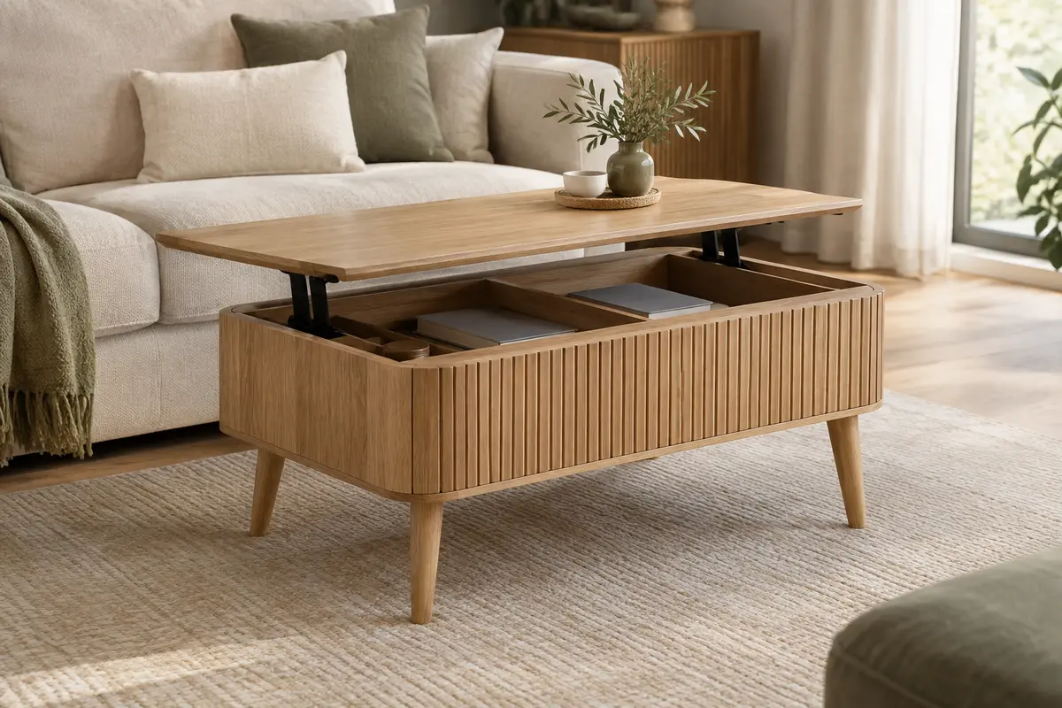 Table basse Homcom au plateau relevé, dévoilant ses deux compartiments cachés dans un salon lumineux.
