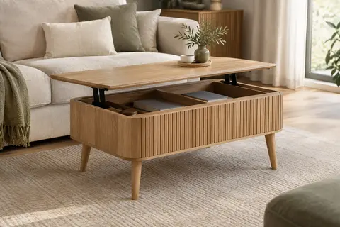 Table basse Homcom au plateau relevé, dévoilant ses deux compartiments cachés dans un salon lumineux.