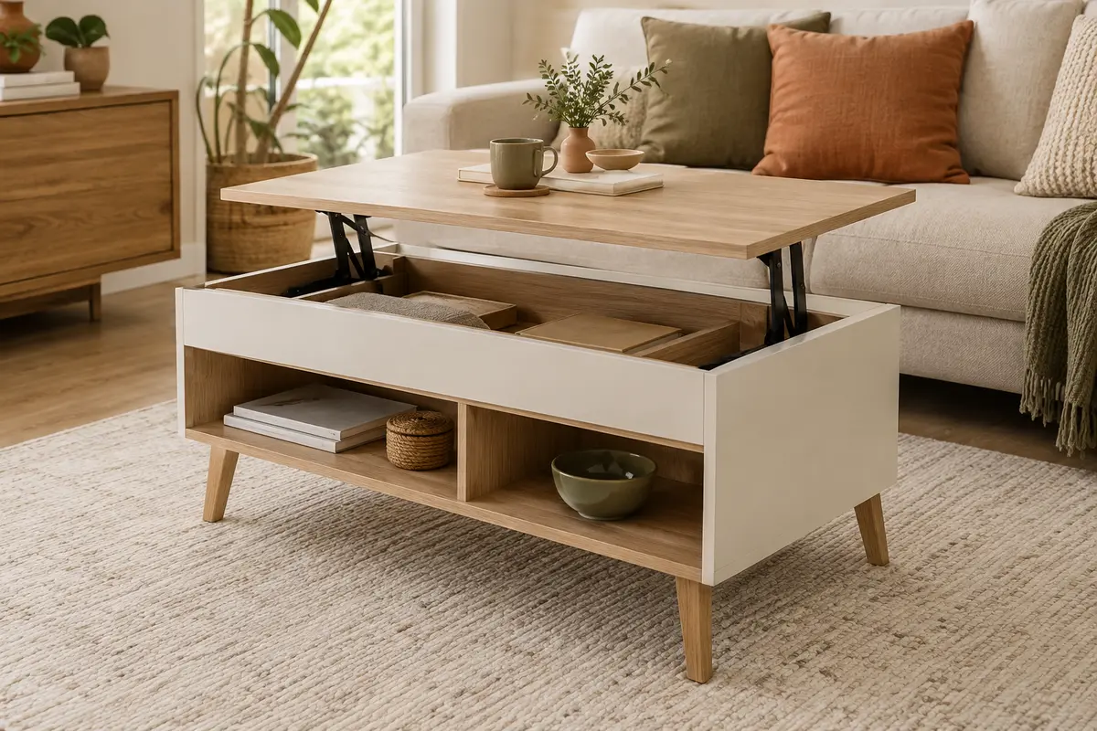 Table basse blanche à effet bois naturel avec plateau relevé, niches ouvertes et compartiment de rangement intégré