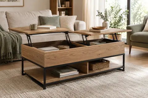 Table basse à double plateau relevable, finition bois naturel et structure métallique noire, dans un salon lumineux