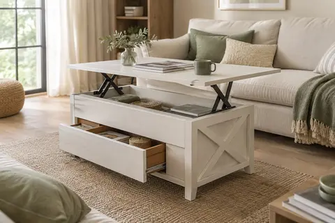 Table basse blanche relevable avec tiroir ouvert et rangements intégrés dans un salon lumineux