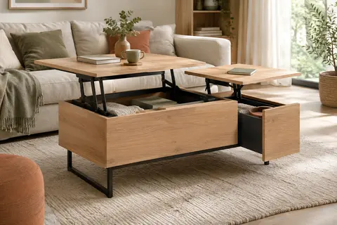 Table basse rectangulaire effet hêtre et noir, avec deux plateaux relevables et un coffre latéral.