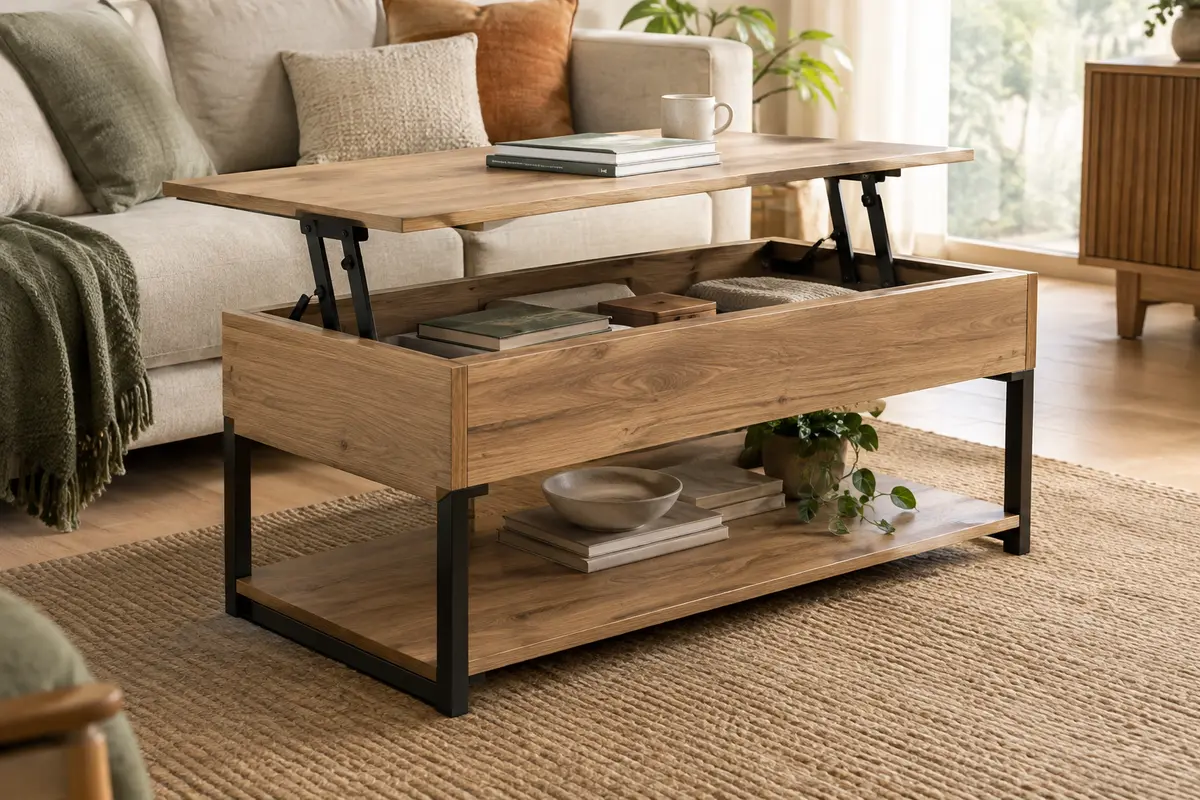 Table basse rectangulaire en finition bois et métal noir, plateau relevé et étagère inférieure dans un salon clair.