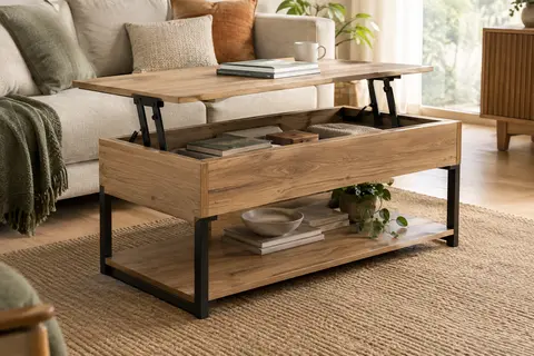 Table basse rectangulaire en finition bois et métal noir, plateau relevé et étagère inférieure dans un salon clair.